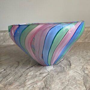 Handblown Striped Pastel Glass Art Bowl - Multicolor